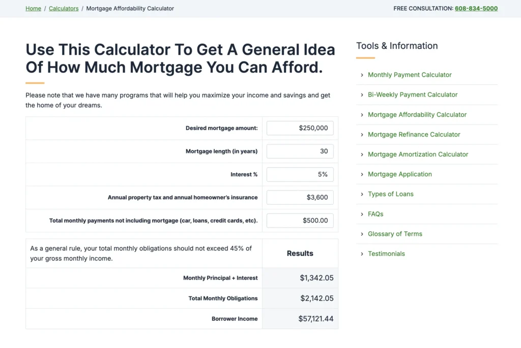 Screenshot of the affordability calculator